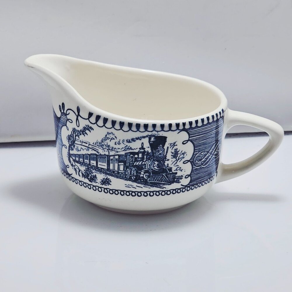 Currier Ives Creamer 2.75" Royal Pottery Steam Locomotive USA transferware irons